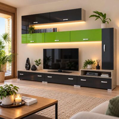 Moderní obývací stěna z lamina s lesklými zelenými a černými dvířky, televizním stolkem, zásuvkami a LED osvětlením.