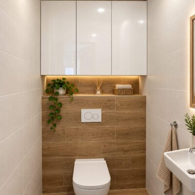 Závěsná skříňka na WC z bílého lamina ve vysokém lesku se třemi dvířky