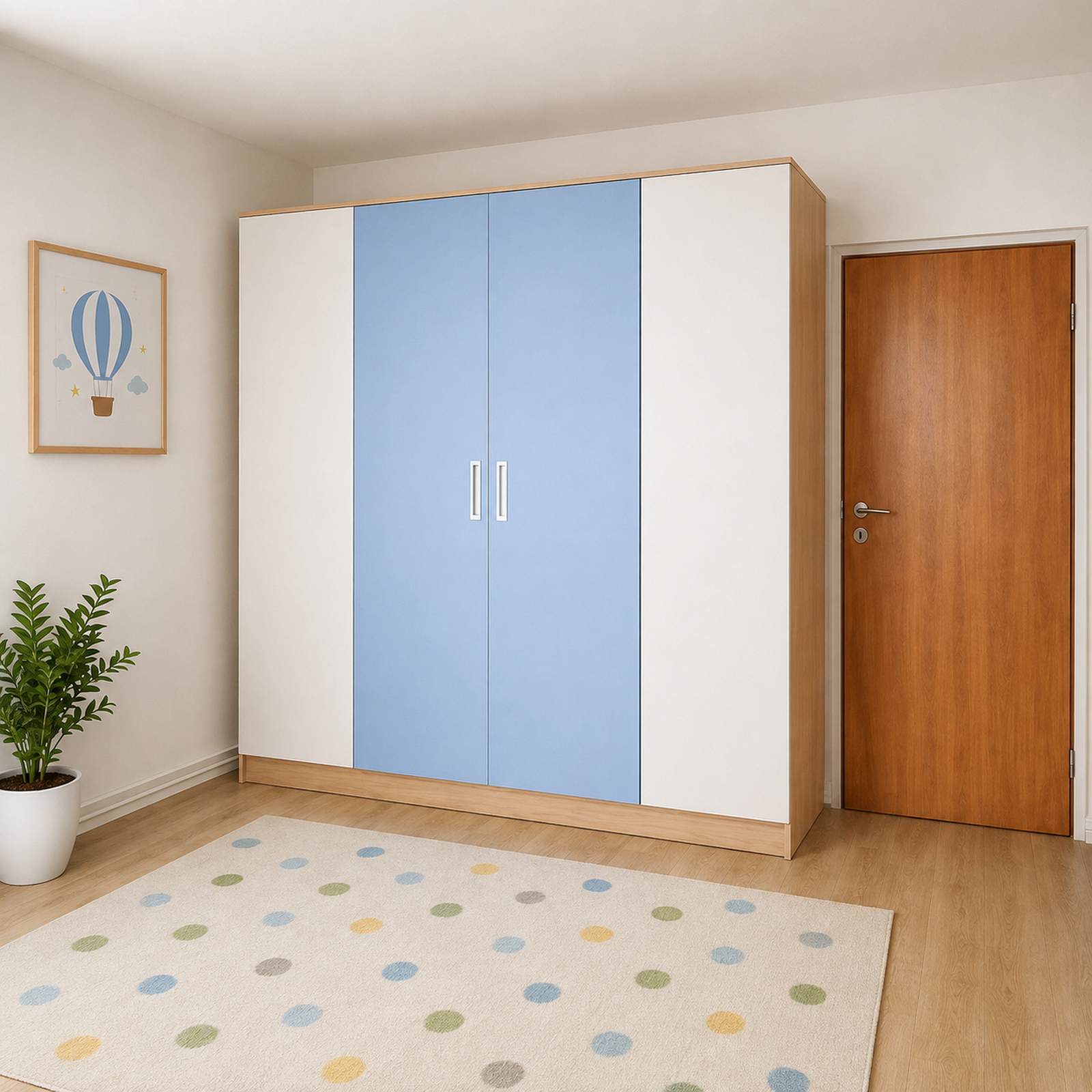 skrin-bila-svetle-modra-moderní-pokoj Velká šatní skříň v bílé a světle modré barvě